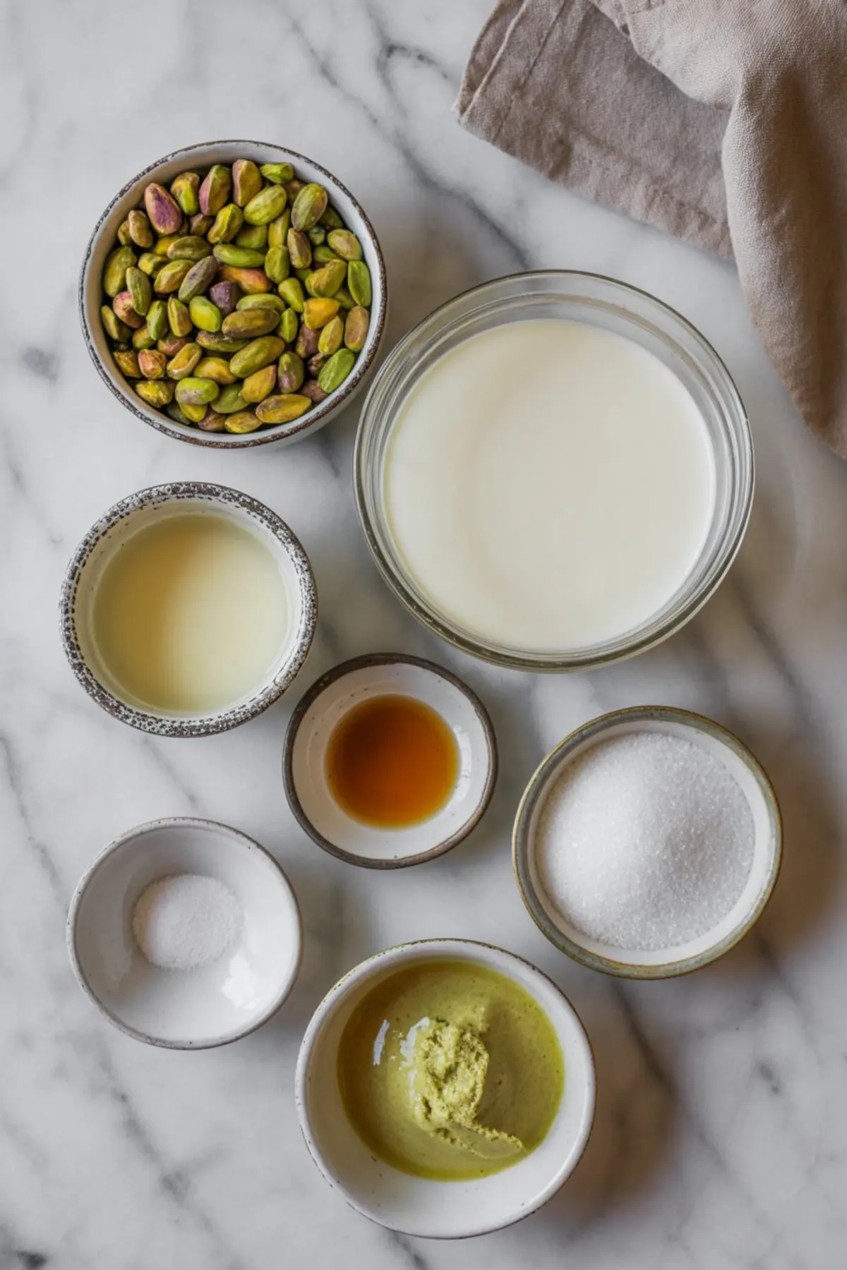 Seven small bowls filled with raw pistachios, milk, sugar, vanilla extract, sweetened condensed milk, salt, and pistachio paste are arranged neatly on a marble surface for pistachio cream preparation.

