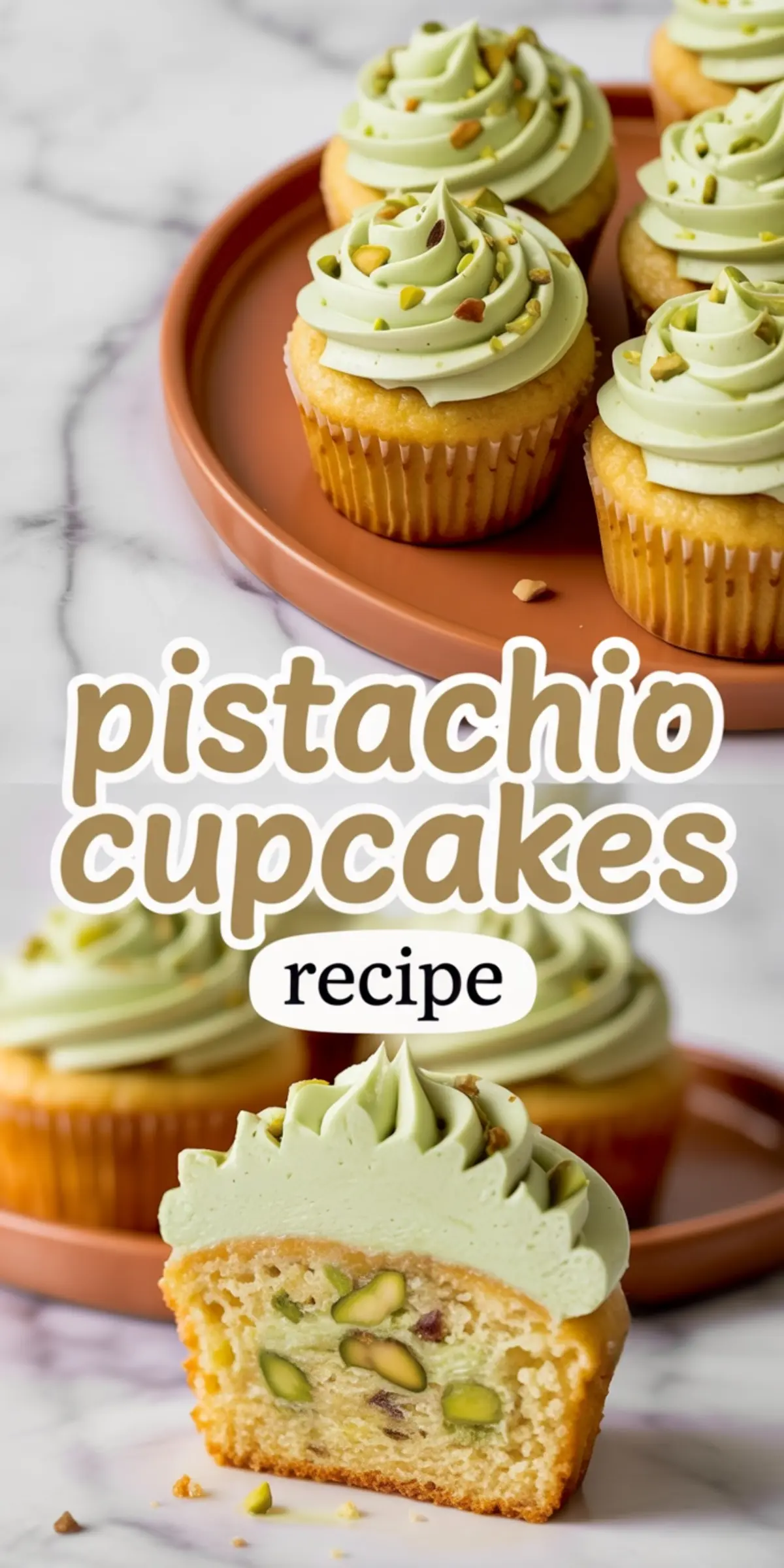 Close-up of pistachio cupcakes with pale green frosting and chopped pistachio garnish, one sliced open to reveal pistachio pieces inside.
