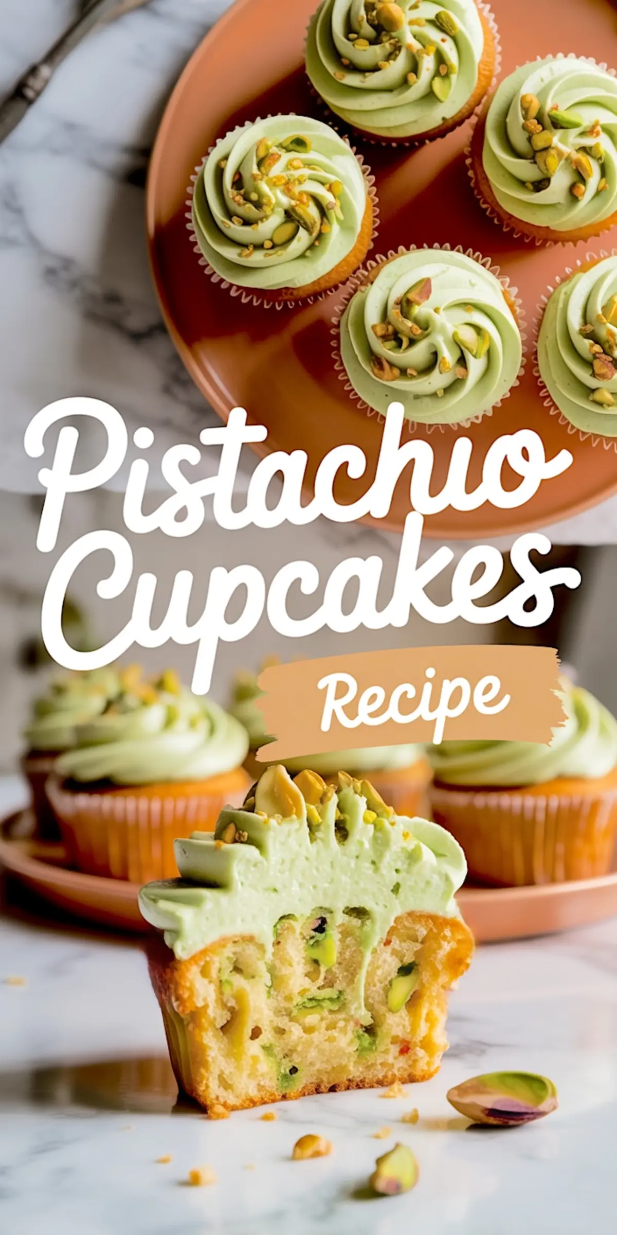 Tray of pistachio cupcakes decorated with swirls of green pistachio frosting and chopped nuts, with one cupcake cut in half to show the nut-filled center.
