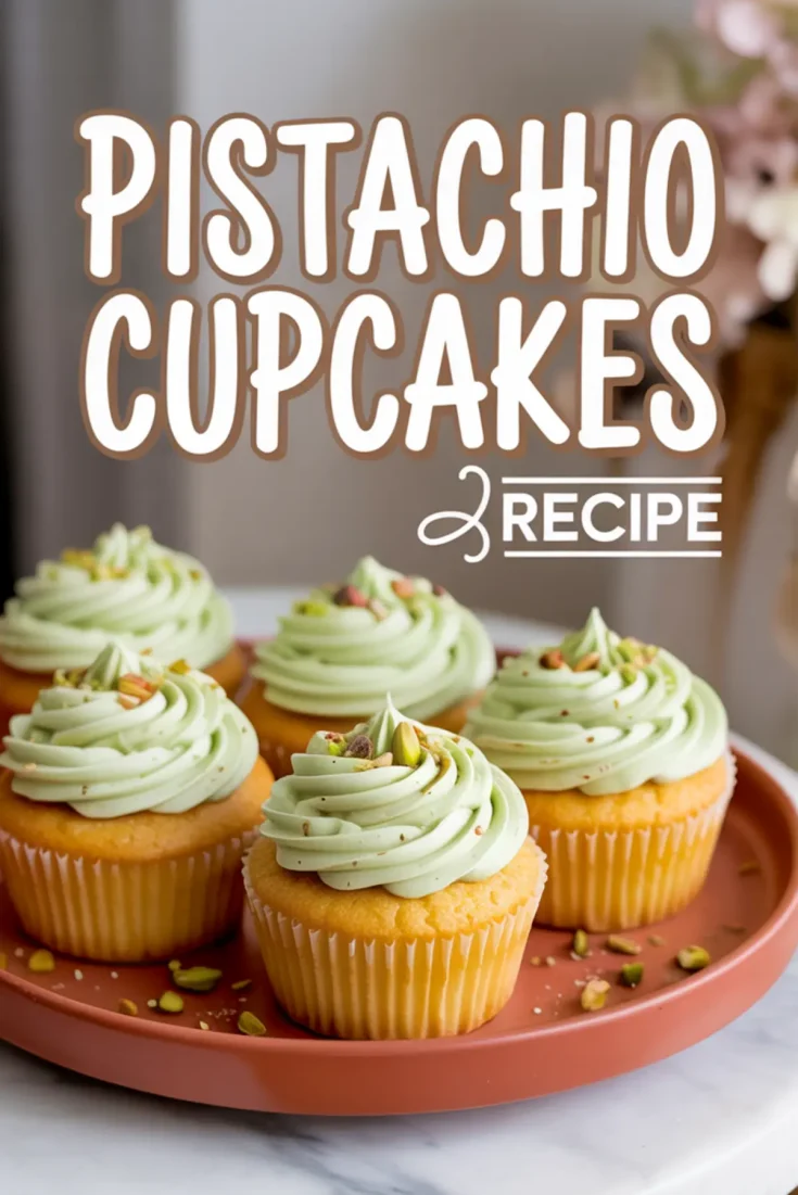 Plate of pistachio cupcakes topped with green frosting and sprinkled with chopped pistachios, arranged neatly on a terracotta platter.