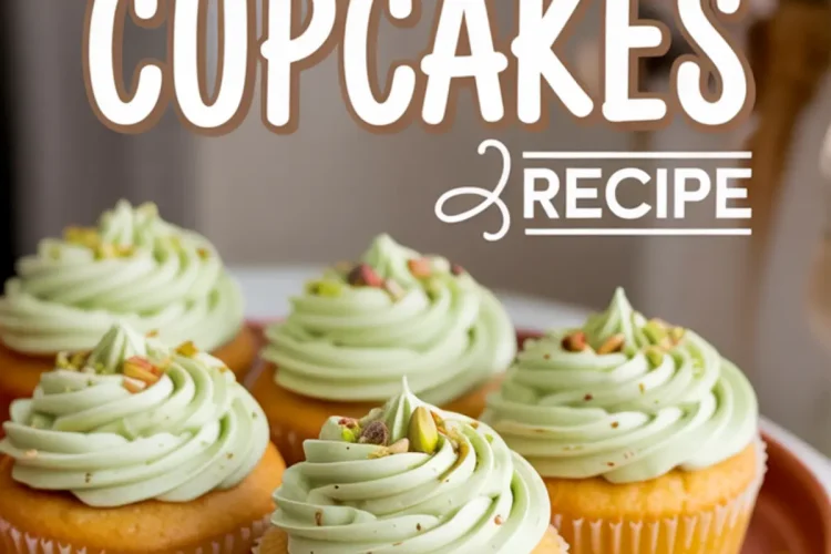 Plate of pistachio cupcakes topped with green frosting and sprinkled with chopped pistachios, arranged neatly on a terracotta platter.