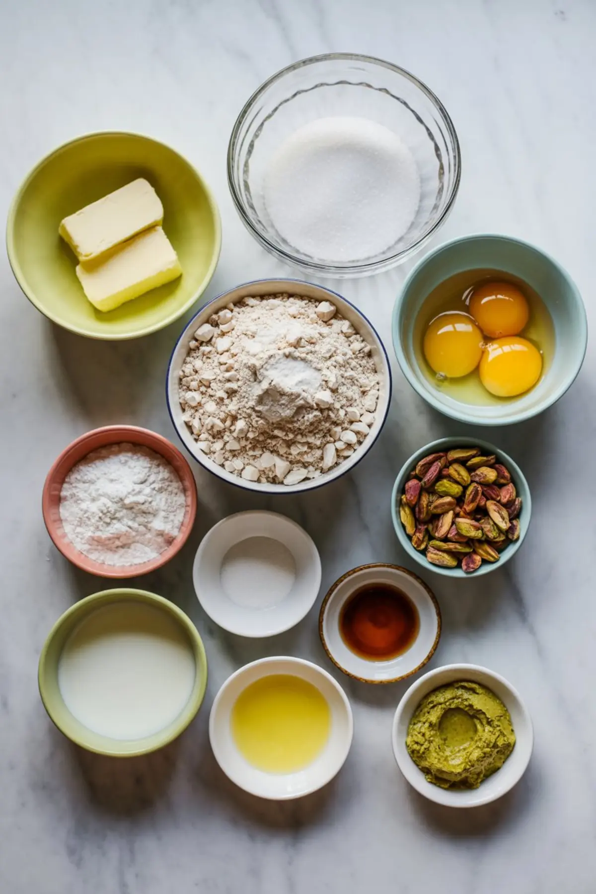 Overhead view of baking ingredients in small bowls on a marble surface, including butter, sugar, flour, eggs, pistachios, matcha powder, vanilla extract, milk, oil, and baking powder.
