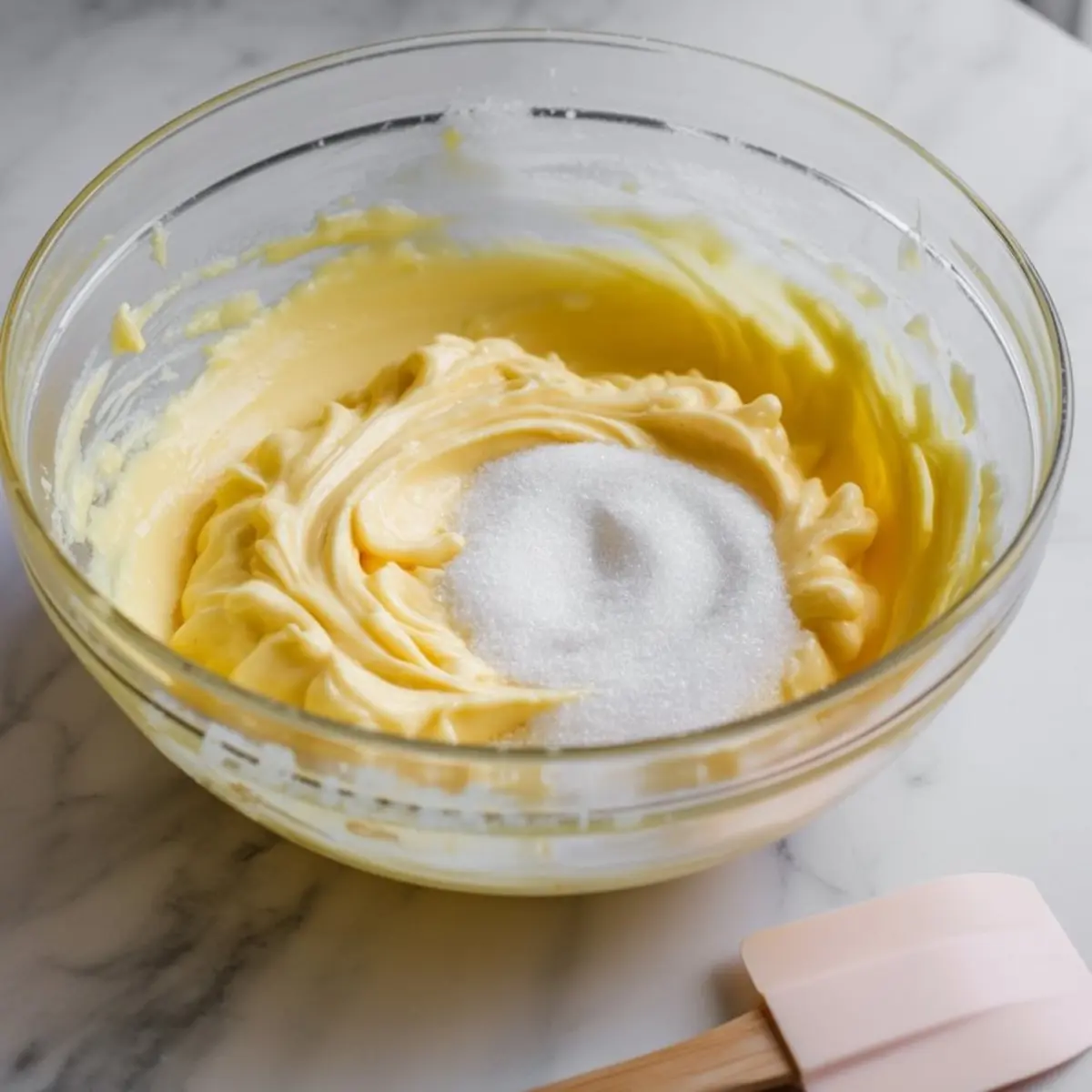 Glass bowl filled with creamy yellow cake batter being mixed with granulated sugar, with a silicone spatula resting nearby.
