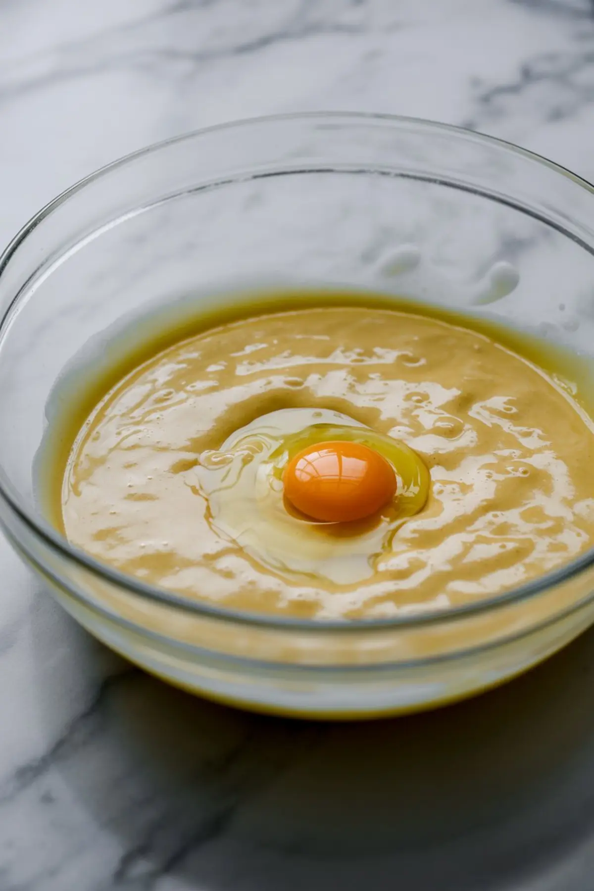 Glass mixing bowl with smooth batter topped with a fresh cracked egg yolk, ready to be whisked together.
