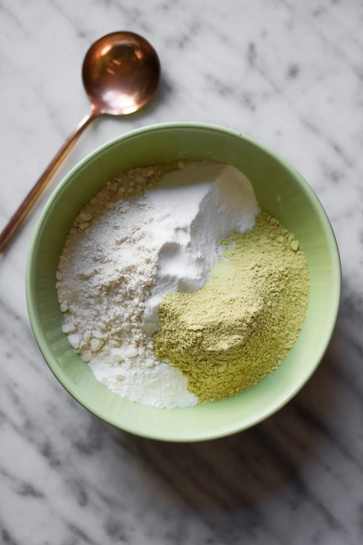 Green bowl containing a blend of flour, baking powder, and pistachio powder, with a copper spoon placed beside it.
