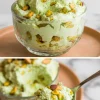 Collage image showing a close-up of fluffy pistachio dessert in a glass bowl, topped with pistachios, and a spoonful of the dessert held above the bowl.