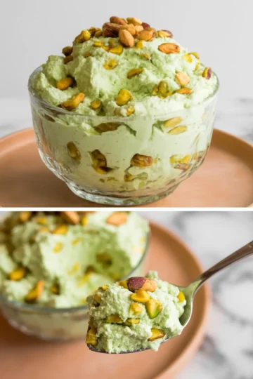 Collage image showing a close-up of fluffy pistachio dessert in a glass bowl, topped with pistachios, and a spoonful of the dessert held above the bowl.