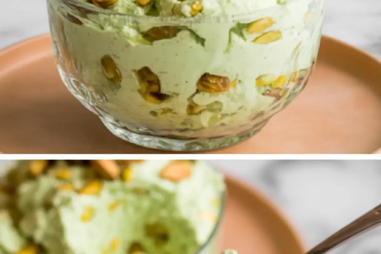 Collage image showing a close-up of fluffy pistachio dessert in a glass bowl, topped with pistachios, and a spoonful of the dessert held above the bowl.