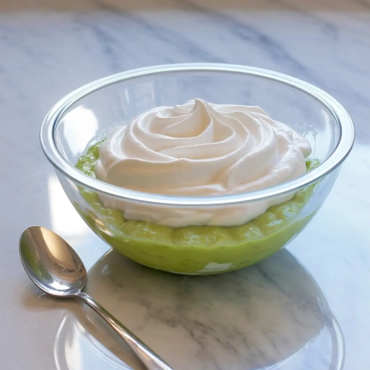 Glass bowl of pistachio pudding topped with a generous swirl of whipped cream, placed on a marble surface beside a spoon.