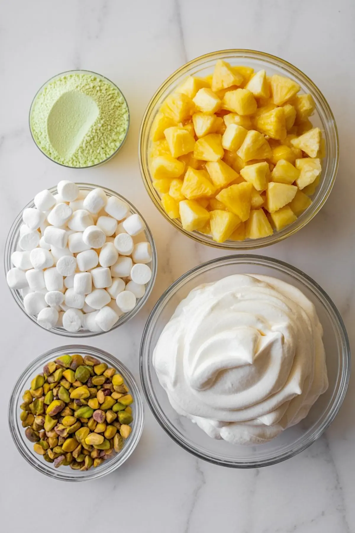 Flat lay of pistachio fluff ingredients including chopped pineapple, mini marshmallows, whipped topping, chopped pistachios, and instant pistachio pudding mix in separate glass bowls.