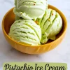 Collage with two views of pistachio ice cream in orange bowls, each topped with crushed pistachios, styled on a marble background with a text overlay “Pistachio Ice Cream Recipe.”