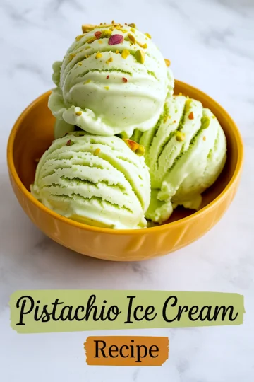 Collage with two views of pistachio ice cream in orange bowls, each topped with crushed pistachios, styled on a marble background with a text overlay “Pistachio Ice Cream Recipe.”