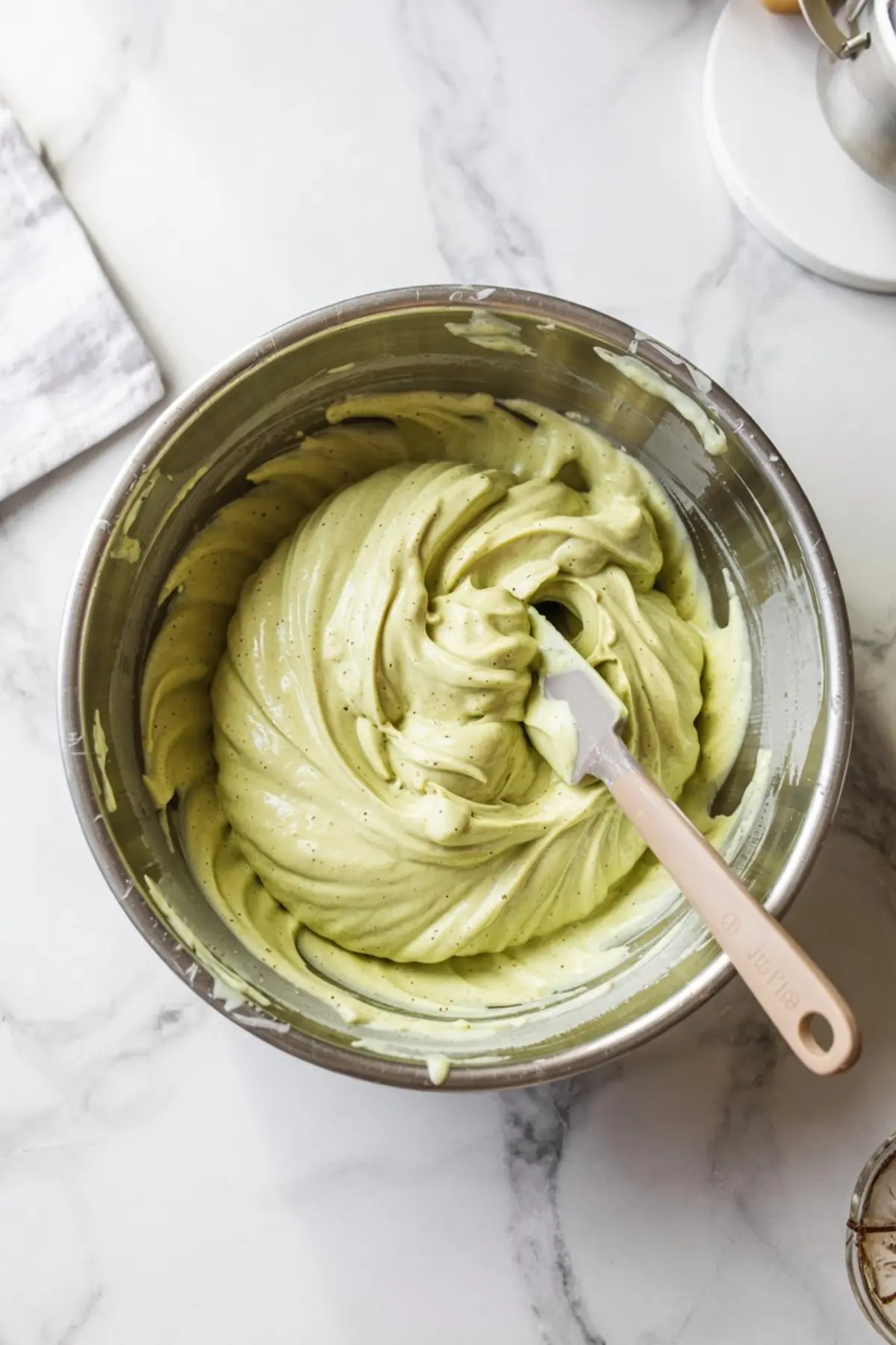 Mixing bowl filled with creamy green pistachio ice cream mixture being stirred with a rubber spatula, showing the texture before freezing.