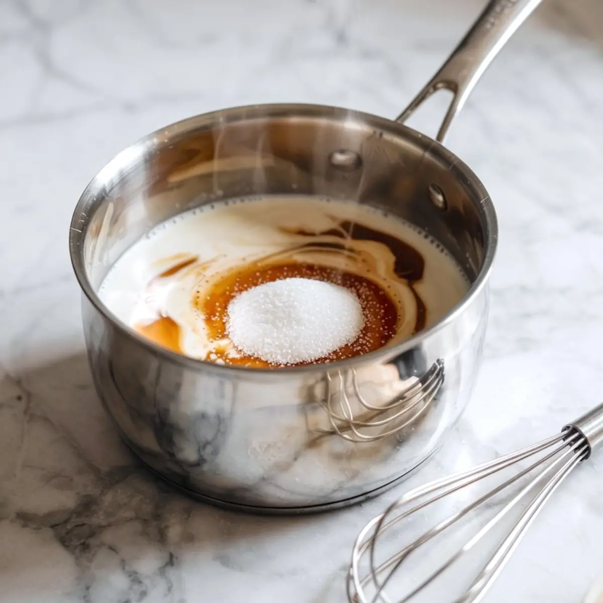 Saucepan with heavy cream, sugar, and vanilla extract ready to be whisked together, showing ingredients for making a pistachio ice cream base.