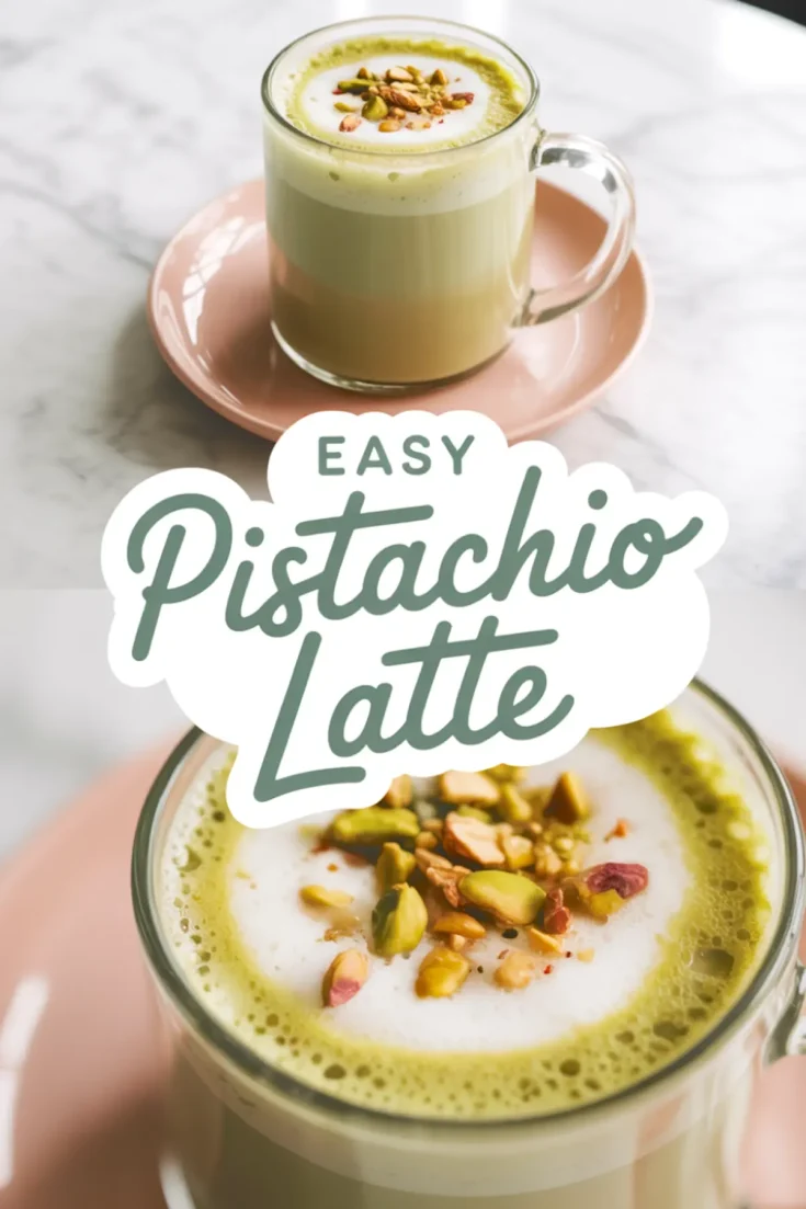 Two-part image showing a pistachio latte in a clear glass mug on a pink saucer, topped with frothed milk and chopped pistachios, with “Easy Pistachio Latte” text overlay.