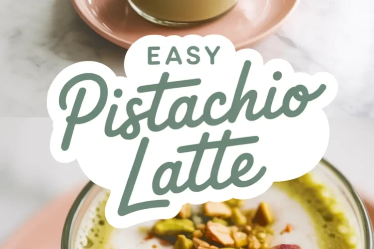 Two-part image showing a pistachio latte in a clear glass mug on a pink saucer, topped with frothed milk and chopped pistachios, with “Easy Pistachio Latte” text overlay.