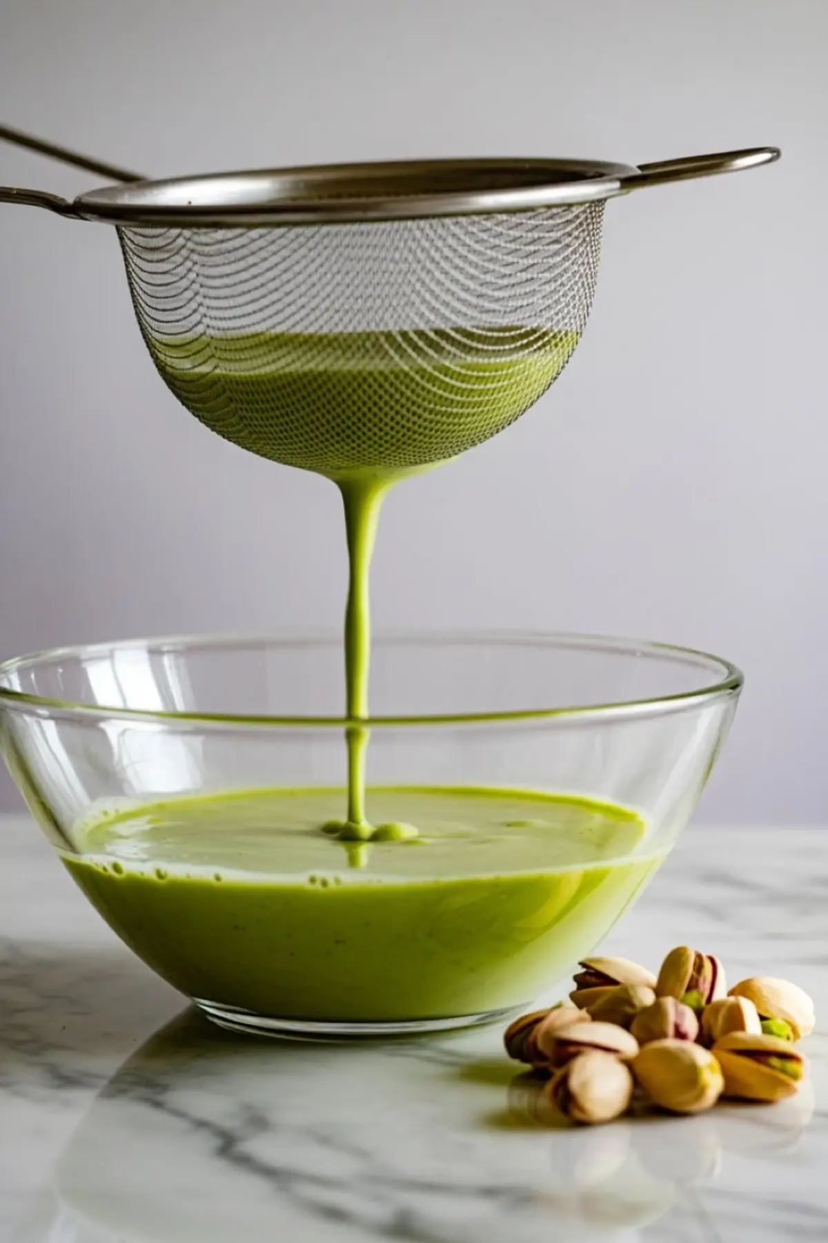 Bright green pistachio milk being strained through a fine mesh sieve into a glass bowl, with shelled pistachios beside it on a marble background.
