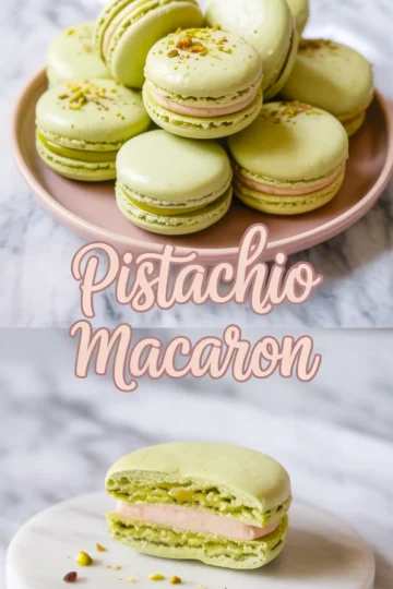 Top half shows a pink plate stacked with pistachio macarons filled with pale pink buttercream and sprinkled with chopped nuts; bottom half highlights a single macaron cut in half to reveal the textured pistachio filling and smooth center cream, with “Pistachio Macaron” text overlay.