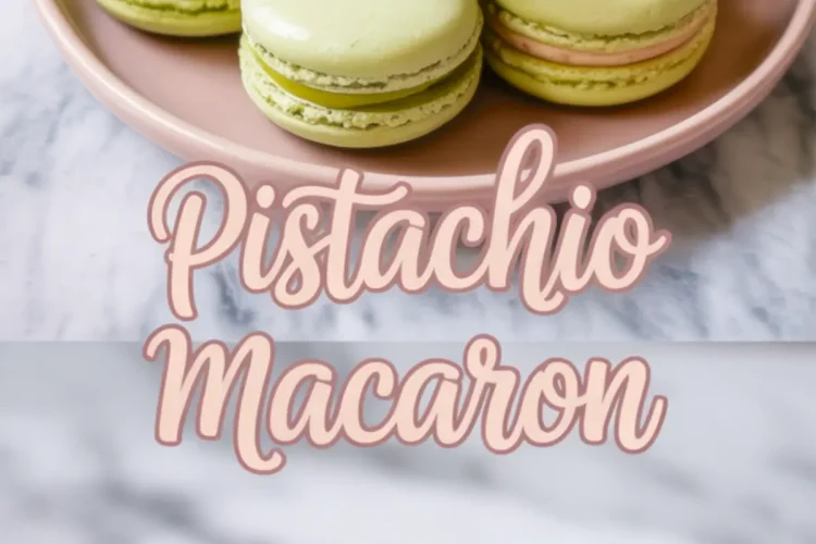Top half shows a pink plate stacked with pistachio macarons filled with pale pink buttercream and sprinkled with chopped nuts; bottom half highlights a single macaron cut in half to reveal the textured pistachio filling and smooth center cream, with “Pistachio Macaron” text overlay.