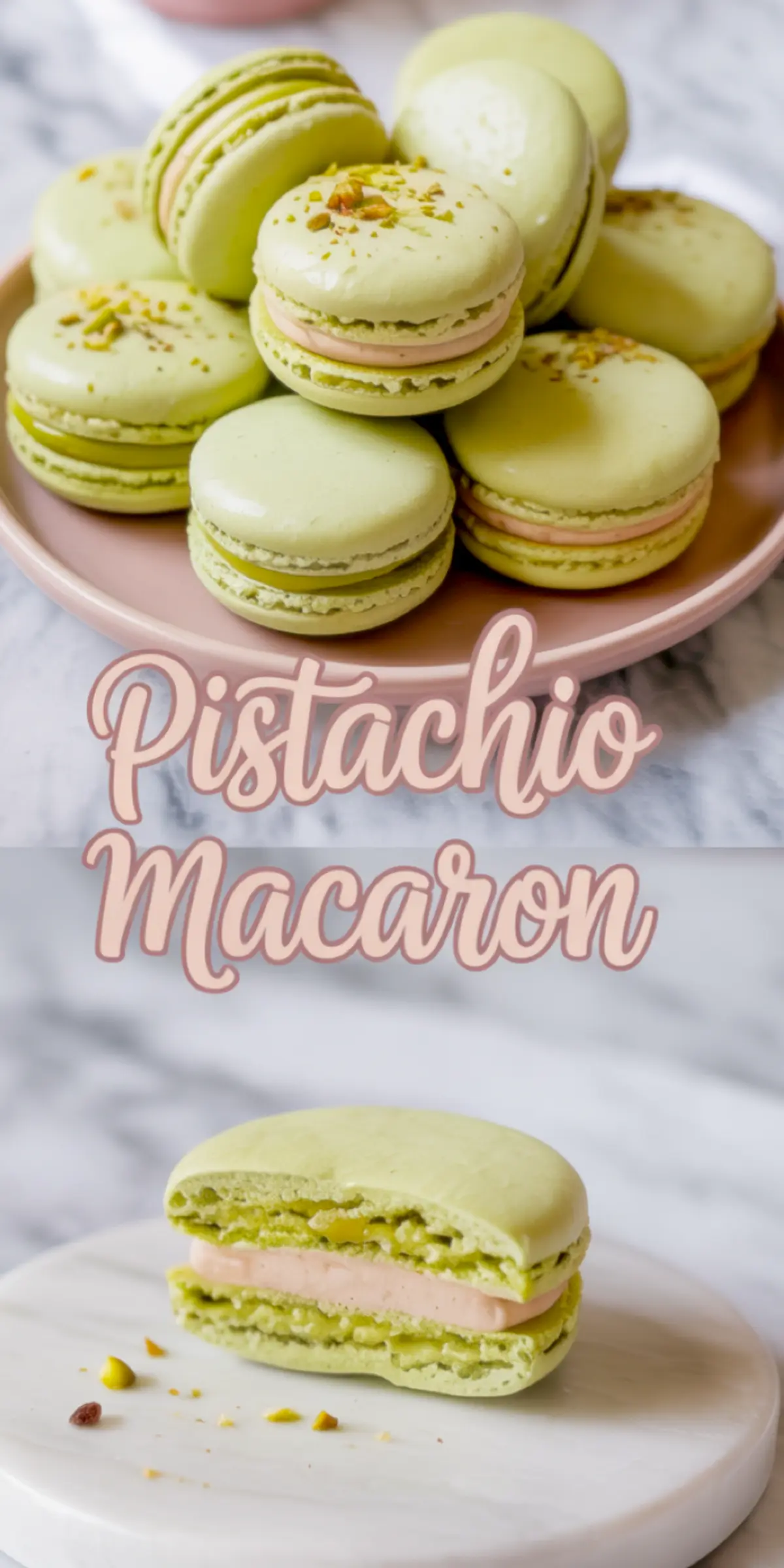Collage image of pistachio macarons showcasing a pastel green almond meringue shell filled with light pink pistachio buttercream. The top section features a stack of whole pistachio macarons garnished with crushed pistachios on a blush pink plate. The bottom section displays a close-up of a halved macaron on a marble surface, highlighting its smooth filling and crisp, chewy texture. Ideal for French dessert lovers, macaron recipes, and pistachio-flavored treat inspiration.