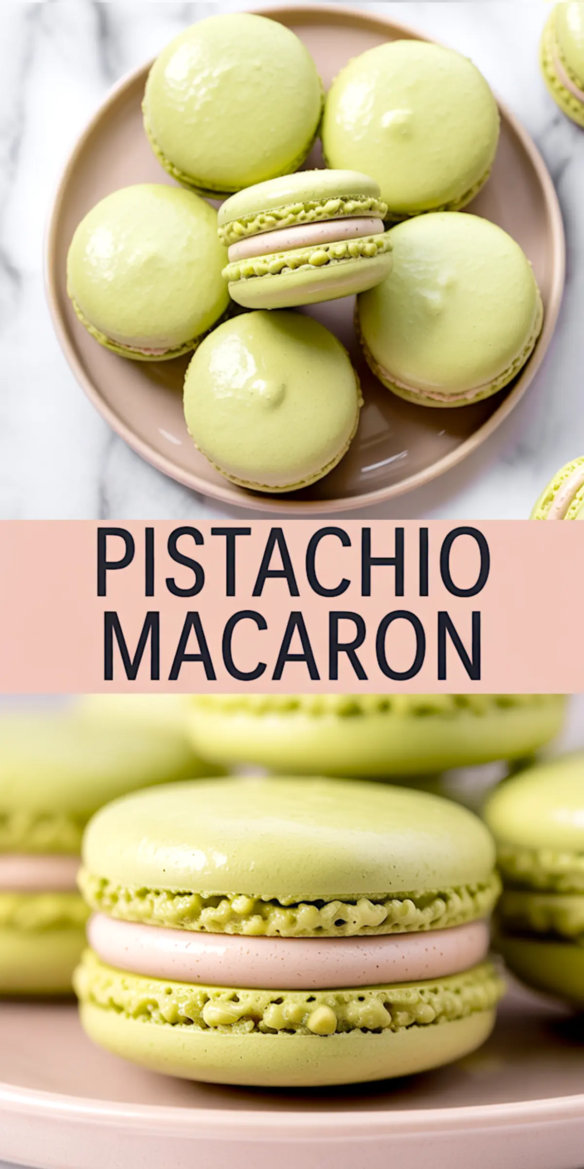 Overhead view of a cluster of pistachio macarons on a pink plate with one flipped to show filling; bottom half is a close-up of a macaron revealing the textured green shell and creamy pink center, with bold “Pistachio Macaron” label on blush background.