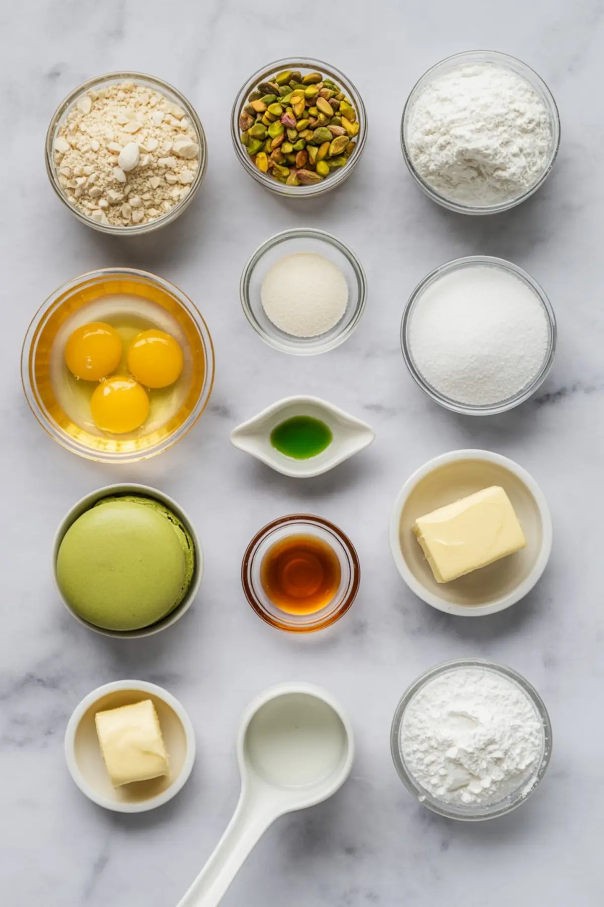 Flat lay of individual pistachio macaron ingredients in glass and ceramic bowls, including almond flour, shelled pistachios, powdered sugar, eggs, butter, food coloring, extract, and a whole macaron on marble surface.