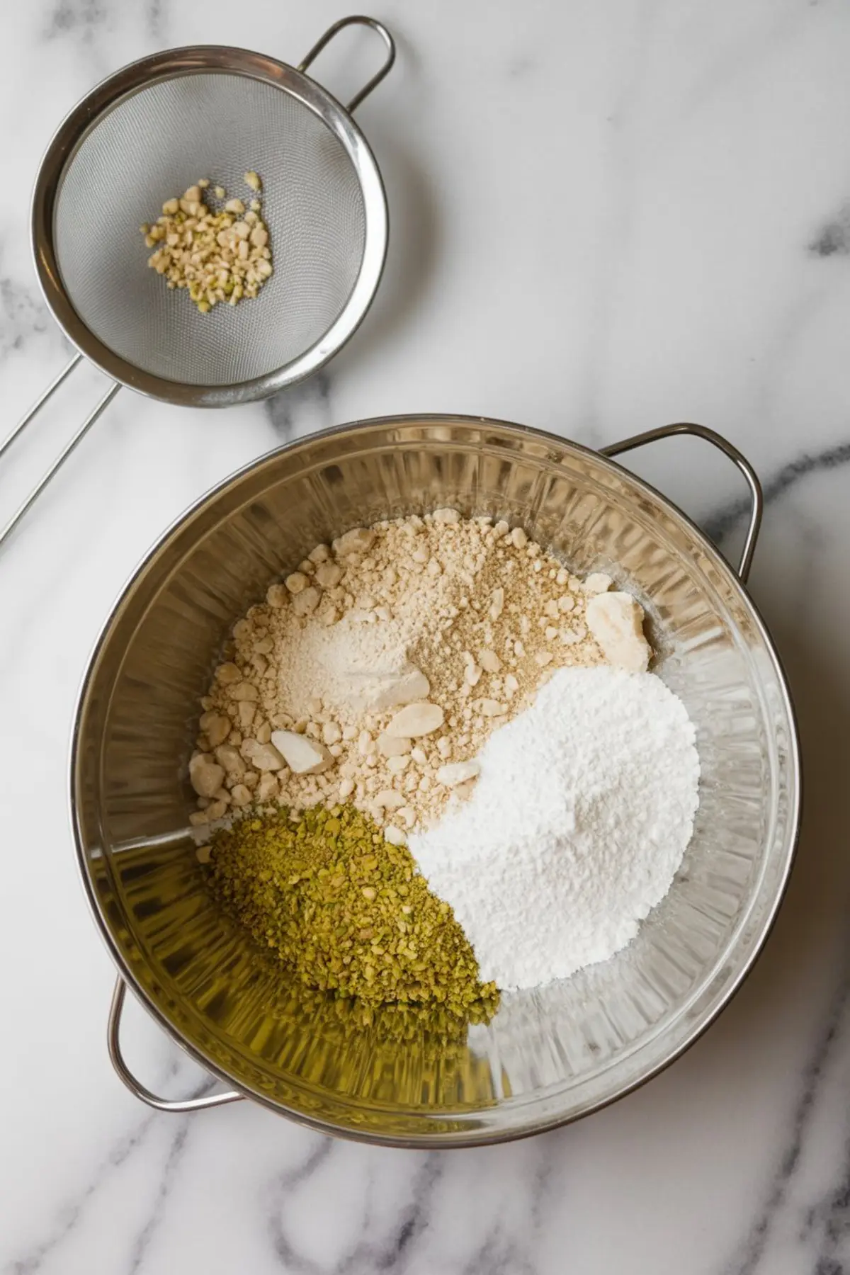 Stainless steel mixing bowl on marble surface filled with sifted almond flour, powdered sugar, and finely ground pistachios for macaron preparation, with a sieve containing leftover coarse nuts placed nearby.