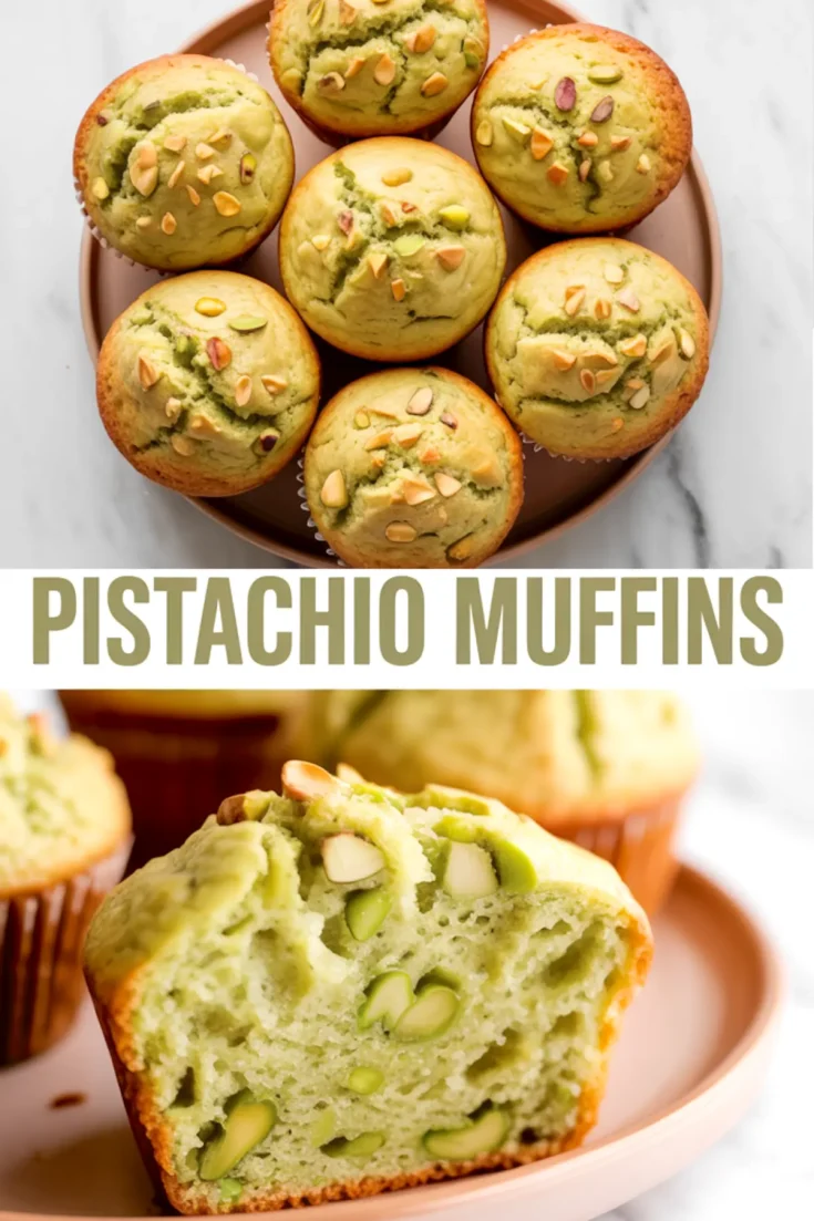 Collage image showing freshly baked pistachio muffins on a round plate and a close-up of a muffin cut in half to reveal a moist green interior with whole pistachios.