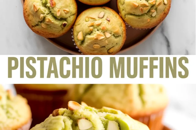 Collage image showing freshly baked pistachio muffins on a round plate and a close-up of a muffin cut in half to reveal a moist green interior with whole pistachios.