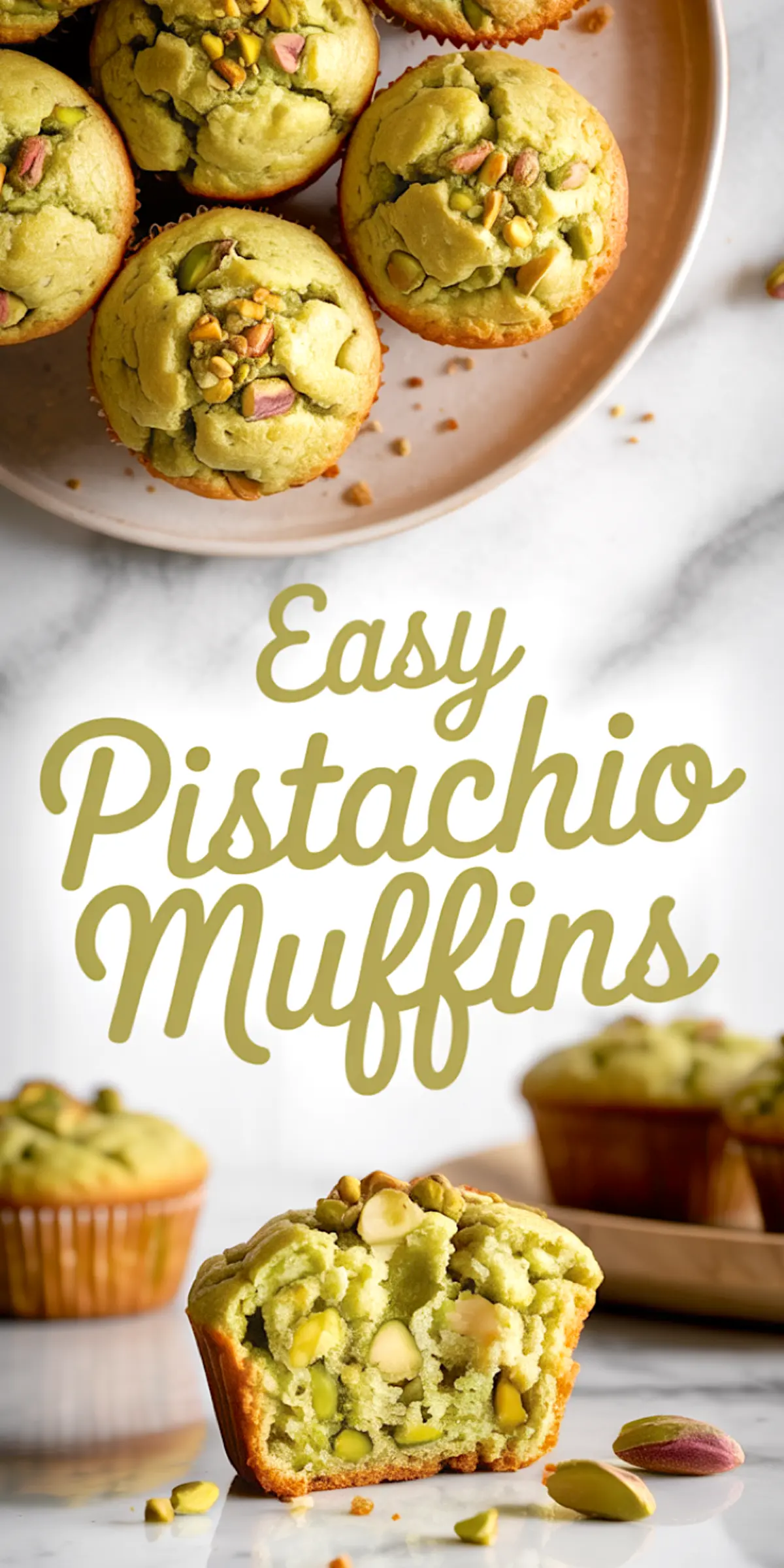 Collage image of pistachio muffins on a plate and a halved muffin in front, featuring a soft green center packed with chopped pistachios, overlaid with the text “Easy Pistachio Muffins.”