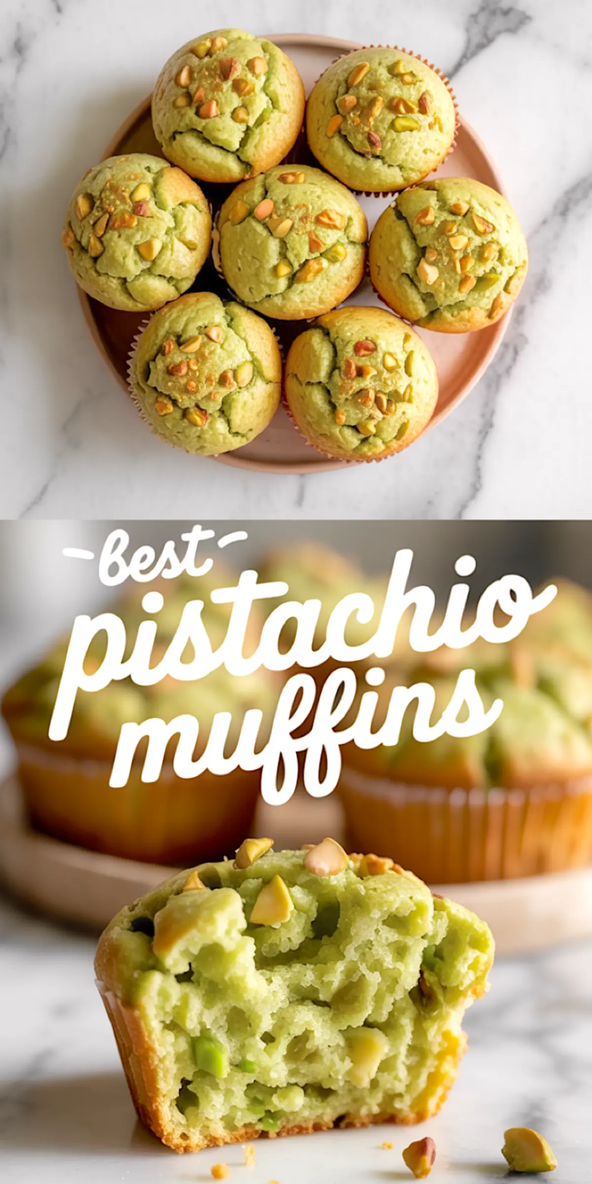 Collage image of pistachio muffins in a round arrangement on a plate, paired with a close-up of a moist green muffin half sprinkled with nuts, labeled “Best Pistachio Muffins.”
