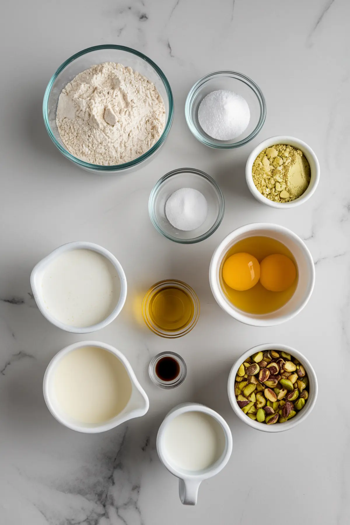 Overhead view of baking ingredients for pistachio muffins, including flour, sugar, baking powder, matcha powder, eggs, milk, heavy cream, vanilla extract, chopped pistachios, and oil, all arranged on a white marble countertop.