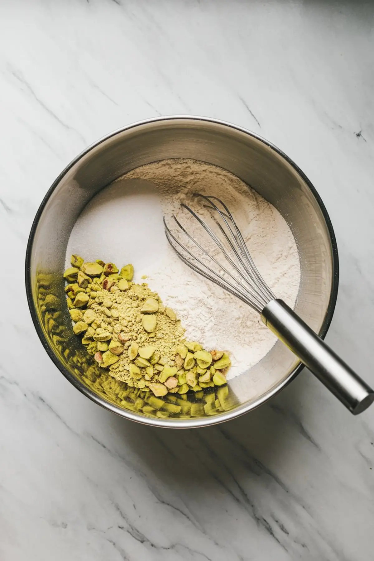 Mixing bowl with flour, sugar, crushed pistachios, and matcha powder, with a metal whisk resting inside, set on a marble countertop.