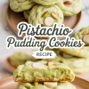 Collage image of soft-baked pistachio pudding cookies on a wooden plate, with a broken cookie revealing creamy green center, labeled with “Pistachio Pudding Cookies Recipe”.