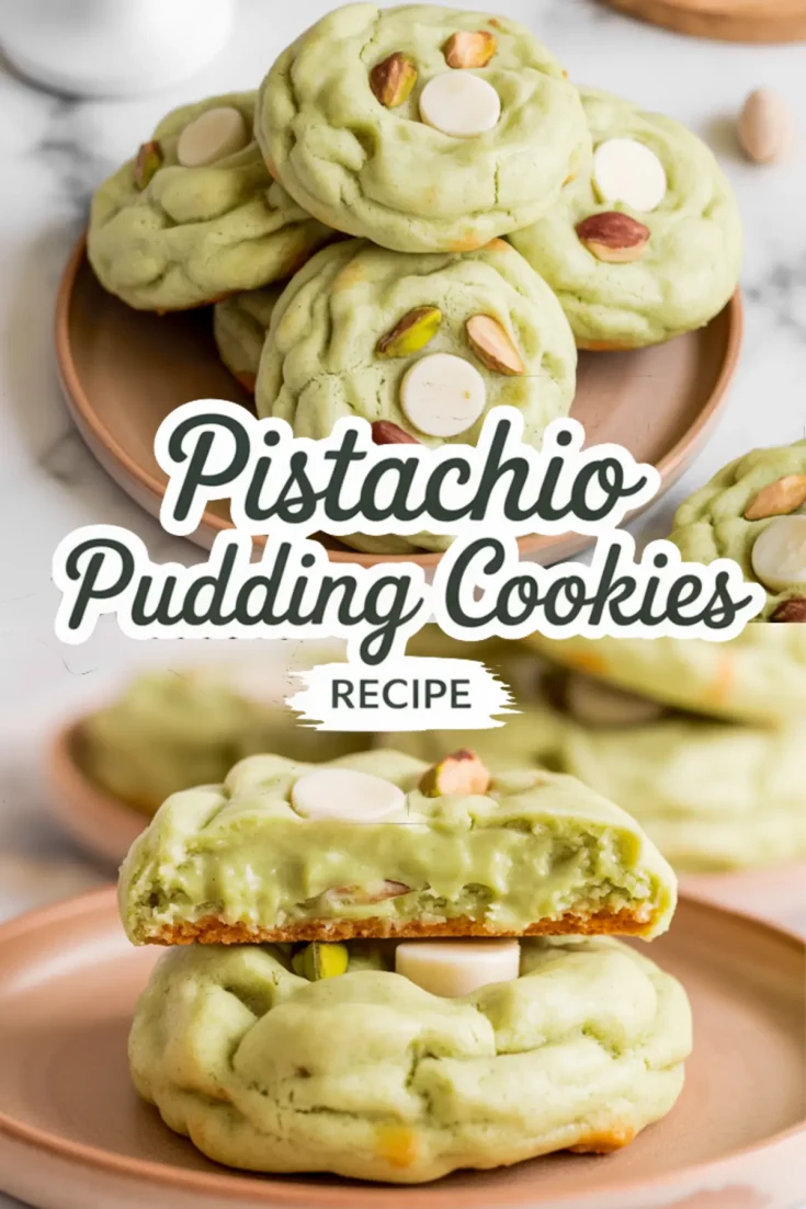 Collage image of soft-baked pistachio pudding cookies on a wooden plate, with a broken cookie revealing creamy green center, labeled with “Pistachio Pudding Cookies Recipe”.