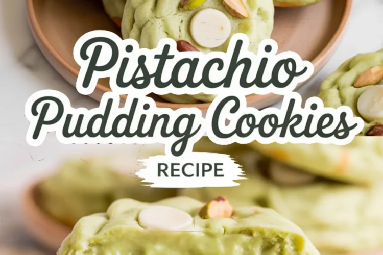 Collage image of soft-baked pistachio pudding cookies on a wooden plate, with a broken cookie revealing creamy green center, labeled with “Pistachio Pudding Cookies Recipe”.