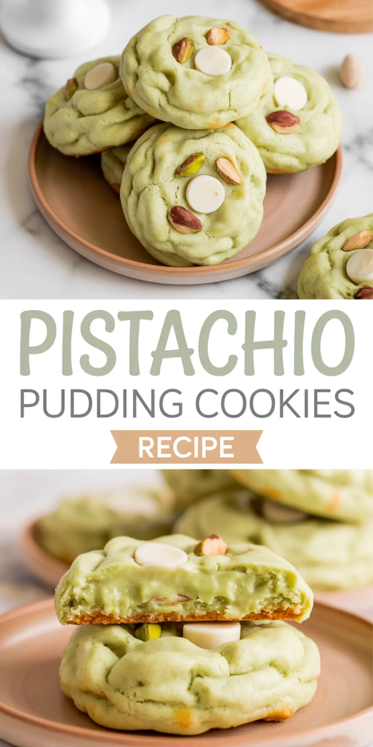 Collage image showing a plate of thick pistachio pudding cookies and a gooey cookie cross-section, topped with white chocolate and pistachios, labeled with recipe title.