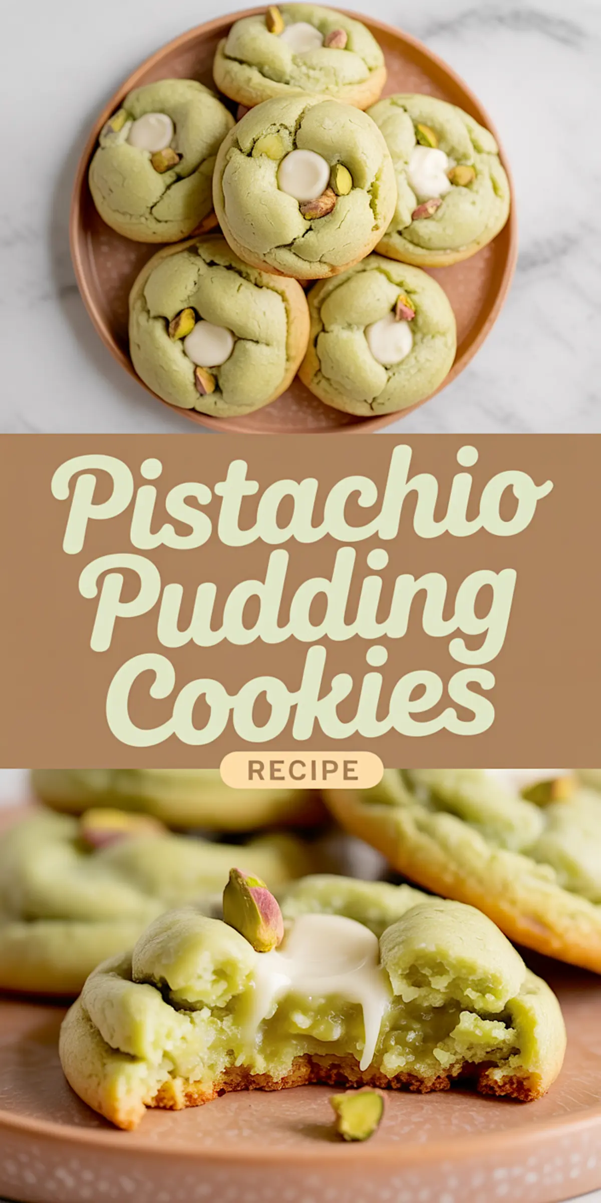 Collage image featuring golden green pistachio pudding cookies with soft centers, topped with whole pistachios and white chocolate, labeled as a cookie recipe.
