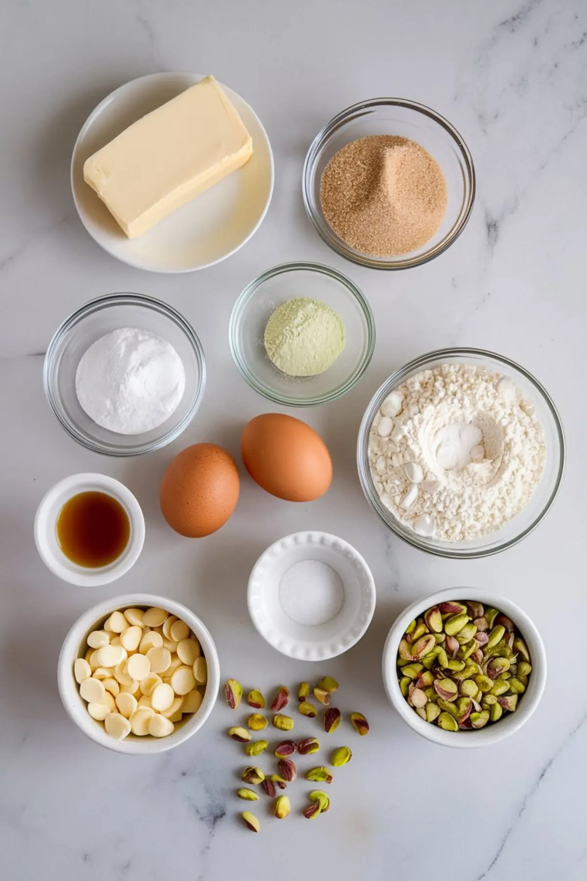 Flat lay of pistachio pudding cookie ingredients including butter, sugar, flour, baking soda, pudding mix, eggs, vanilla, salt, white chocolate chips, and shelled pistachios.