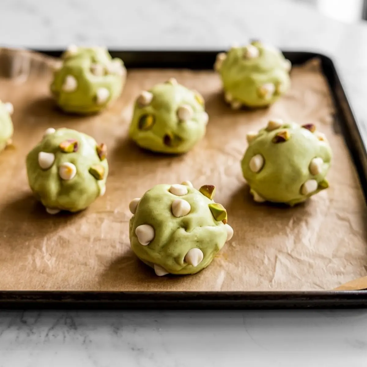 Raw pistachio cookie dough balls loaded with white chocolate chips and pistachios arranged on a parchment-lined baking tray, ready for the oven.