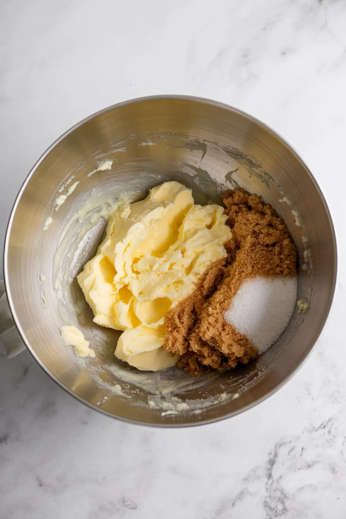 Metal mixing bowl with softened butter, granulated sugar, and brown sugar sitting on a marble countertop, showing the initial step in cookie dough preparation.