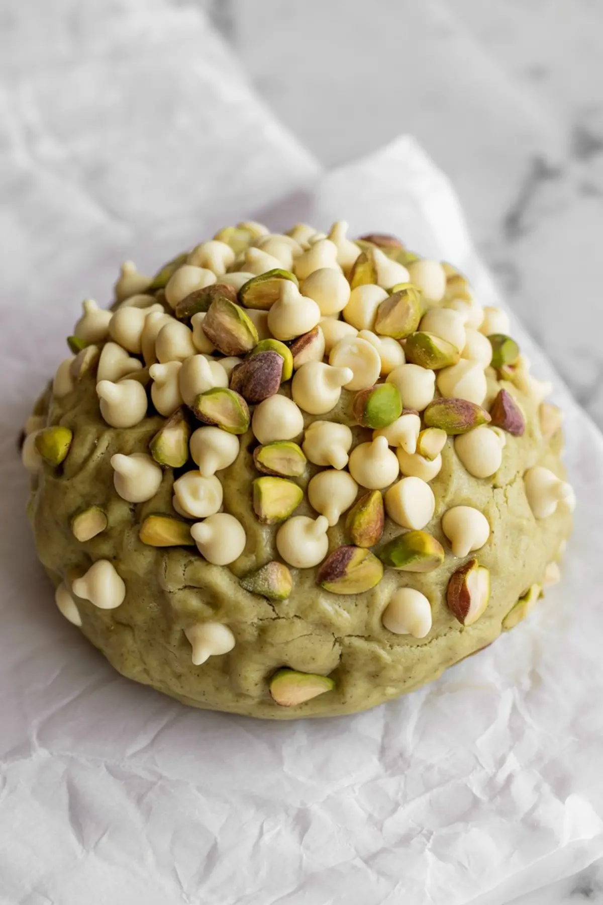 Ball of pistachio cookie dough studded with whole pistachios and white chocolate chips, placed on parchment paper for chilling or shaping.
