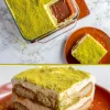 A two-part image showing a full pistachio tiramisu in a glass dish with one piece removed, and a close-up of a single square serving on a terracotta plate, topped with vibrant green pistachio dust.