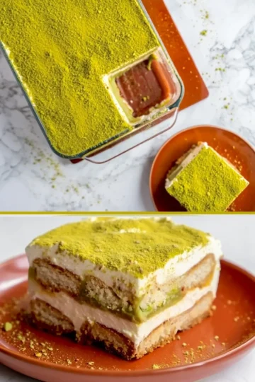 A two-part image showing a full pistachio tiramisu in a glass dish with one piece removed, and a close-up of a single square serving on a terracotta plate, topped with vibrant green pistachio dust.