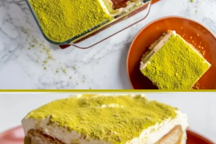 A two-part image showing a full pistachio tiramisu in a glass dish with one piece removed, and a close-up of a single square serving on a terracotta plate, topped with vibrant green pistachio dust.