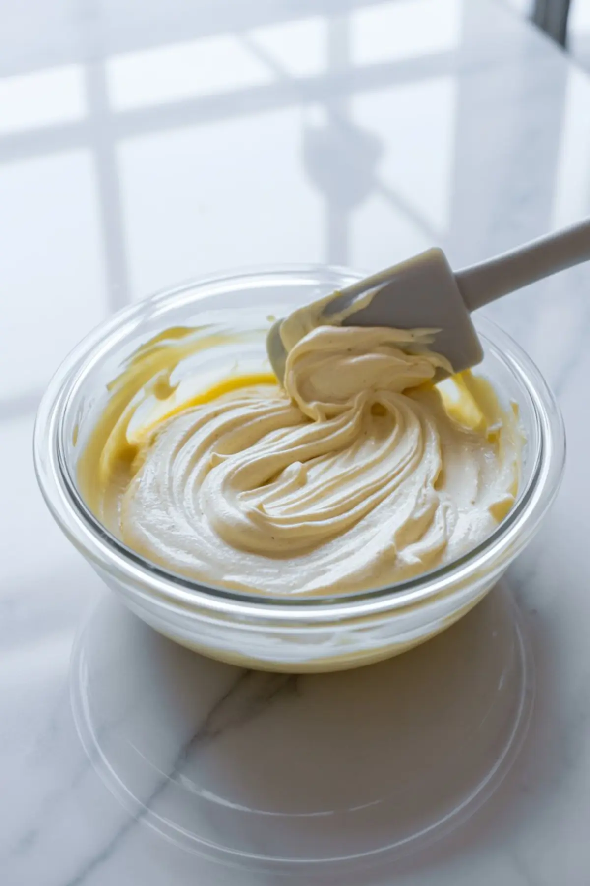 A glass bowl of light and airy mascarpone cream filling, swirled with a spatula, showing the soft and smooth texture ideal for tiramisu layering.