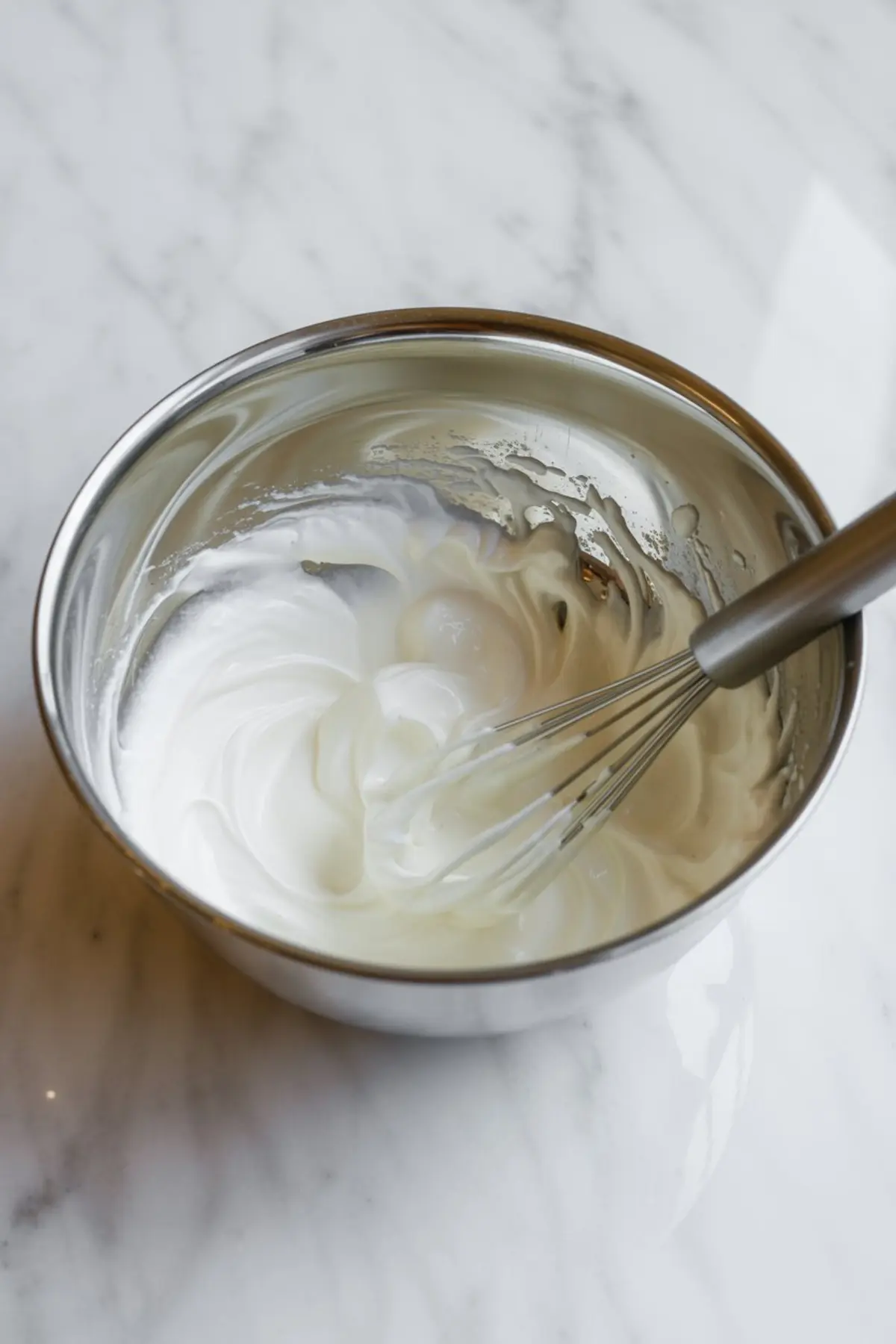 A stainless steel bowl containing fluffy whipped egg whites, partially whisked to stiff peaks, resting on a marble countertop with a metal whisk inside.