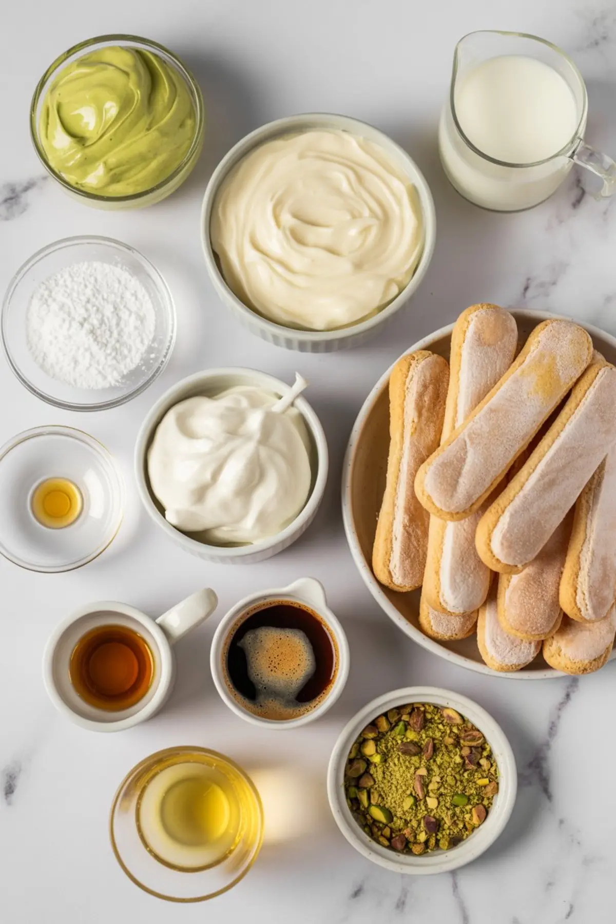Overhead shot of all ingredients for pistachio tiramisu, including ladyfinger biscuits, pistachio cream, mascarpone mixture, whipped cream, espresso, milk, powdered sugar, vanilla extract, pistachios, and liqueur, arranged on a white marble surface.