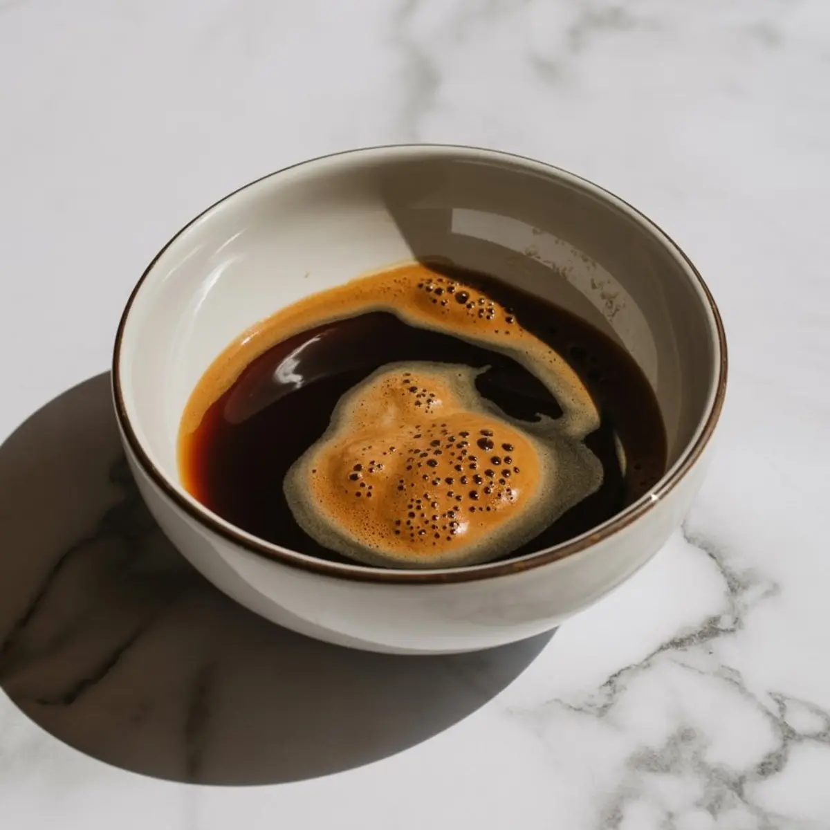 A small white ceramic bowl filled with freshly brewed espresso topped with a layer of rich crema, sitting on a marble surface with soft natural light.