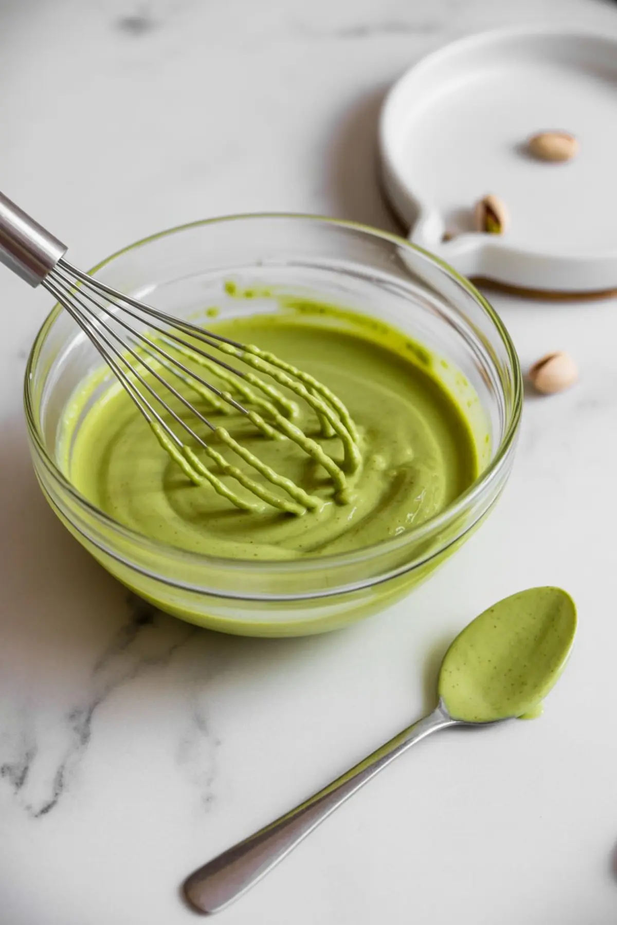 A clear glass bowl filled with creamy pistachio mascarpone mixture being whisked on a marble countertop, with a spoonful of the smooth green filling beside it and pistachios in the background.